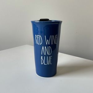 NIB RAE DUNN Ceramic Travel Cup with Rotating Lid Closure “Red Wine and Blue”